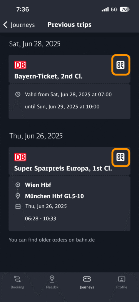DB Navigatorアプリのチケット一覧画面