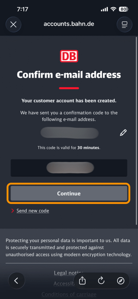認証コード入力後の「Continue」ボタン