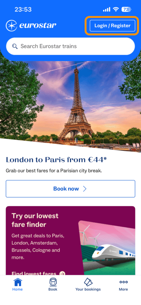 ユーロスター公式アプリのホーム画面