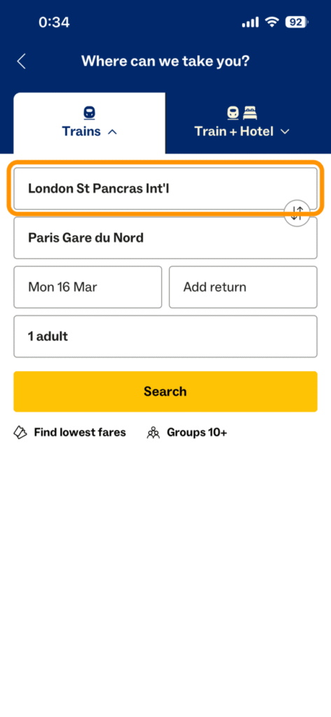 ユーロスターの列車検索画面（出発地）