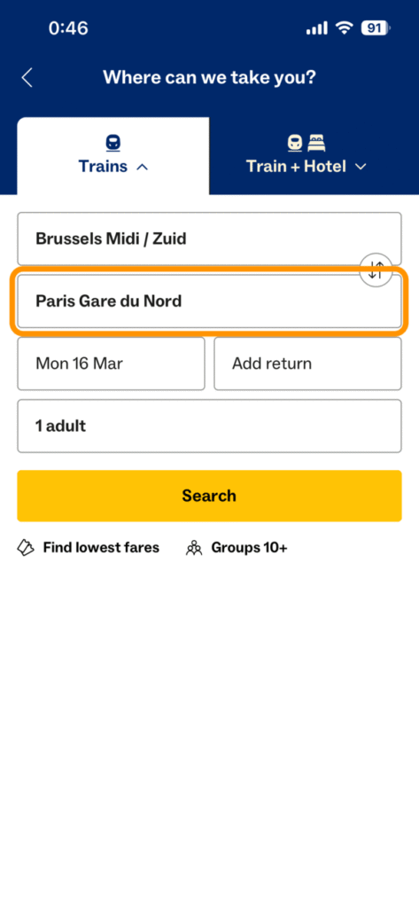 ユーロスターの列車検索画面（目的地）