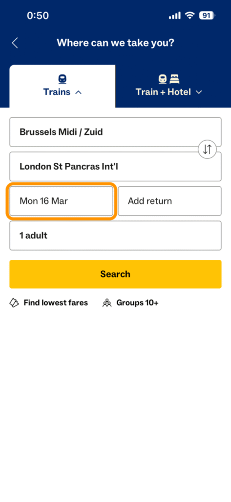ユーロスターの列車検索画面（往路出発日）