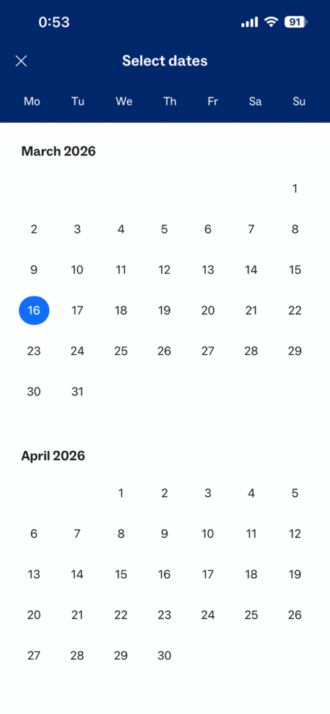 出発日選択のカレンダー（往路）