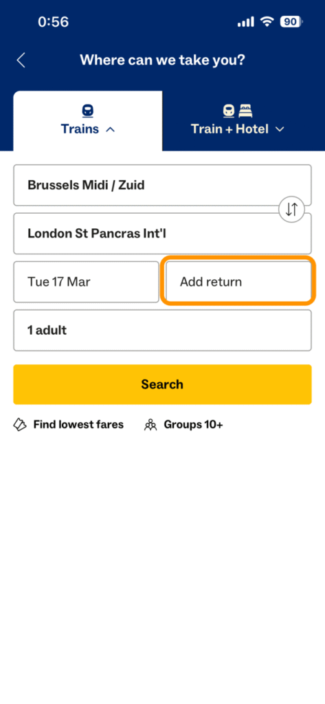 ユーロスターの列車検索画面（復路出発日）