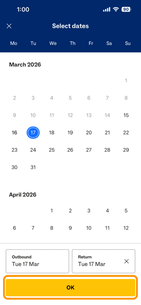 出発日選択のカレンダー（復路）