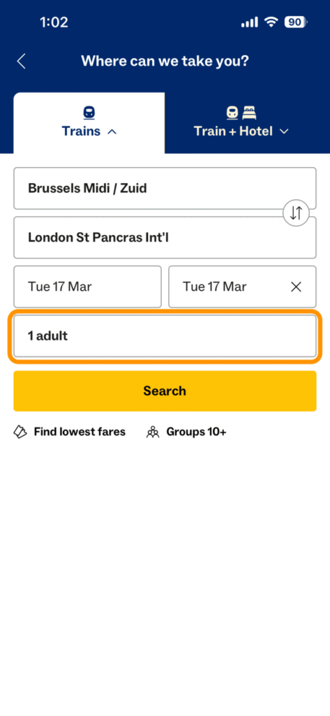 ユーロスターの列車検索画面（人数選択）