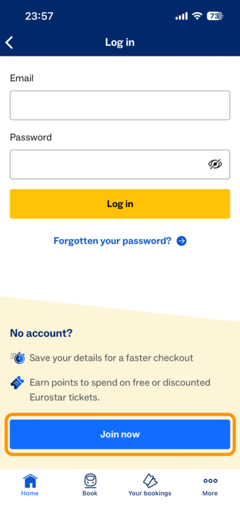 ユーロスター公式アプリのログイン/新規登録画面