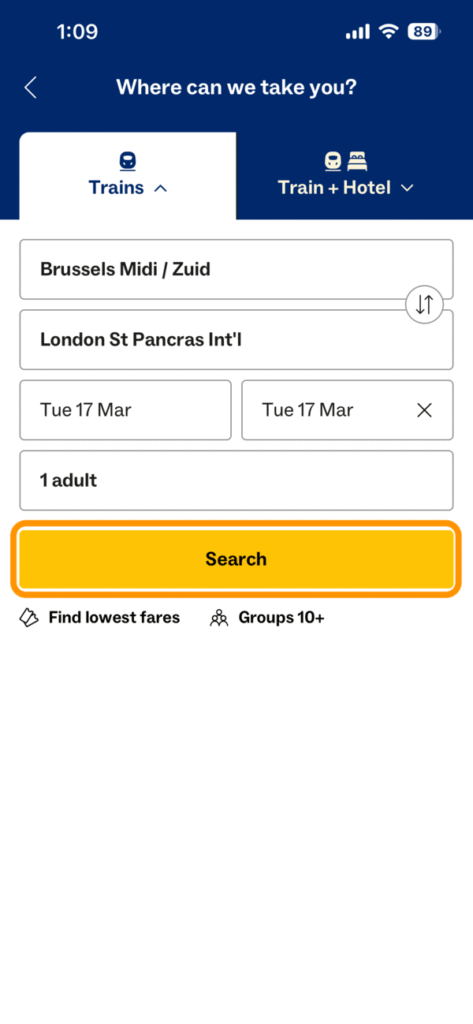 ユーロスターの列車検索画面（Searchボタン）