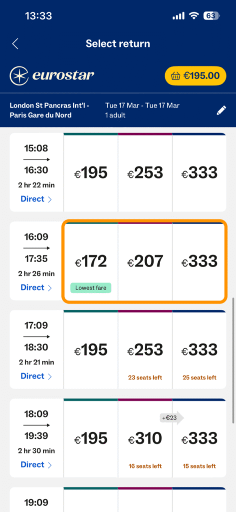 復路の列車選択画面
