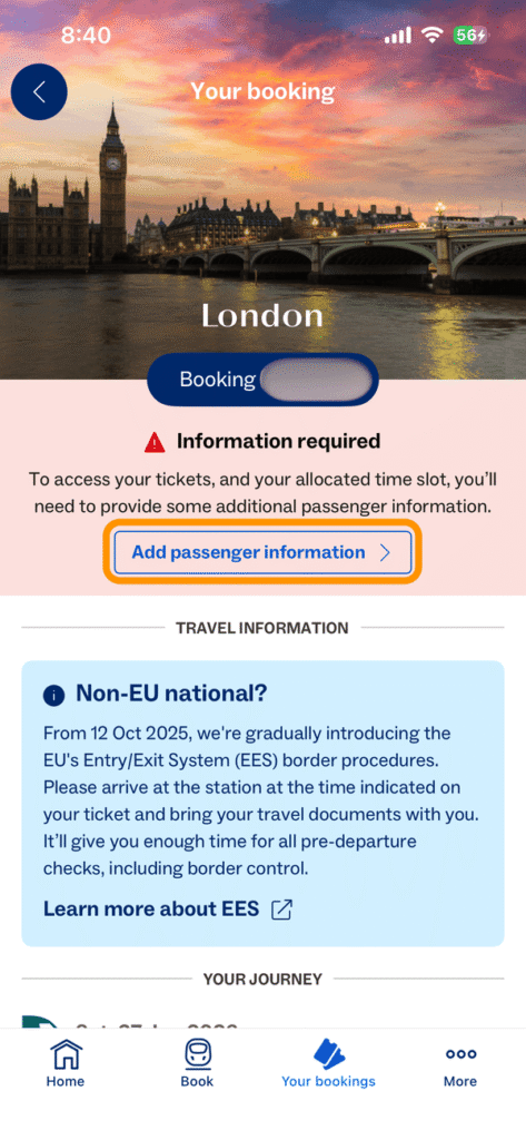 ユーロスター公式アプリの「Your bookings」タブ