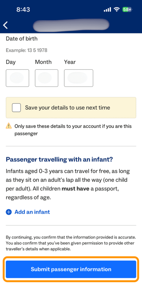 「Submit passenger information」ボタン