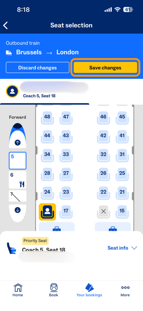 座席選択後の「Save changes」ボタン