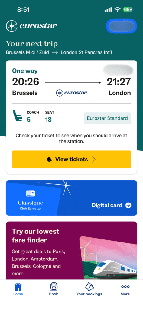 ユーロスター公式アプリのホーム画面のチケット