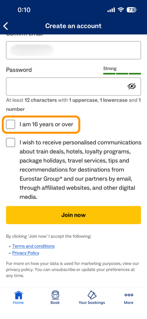 「I am 16 years or over」のチェックボックス