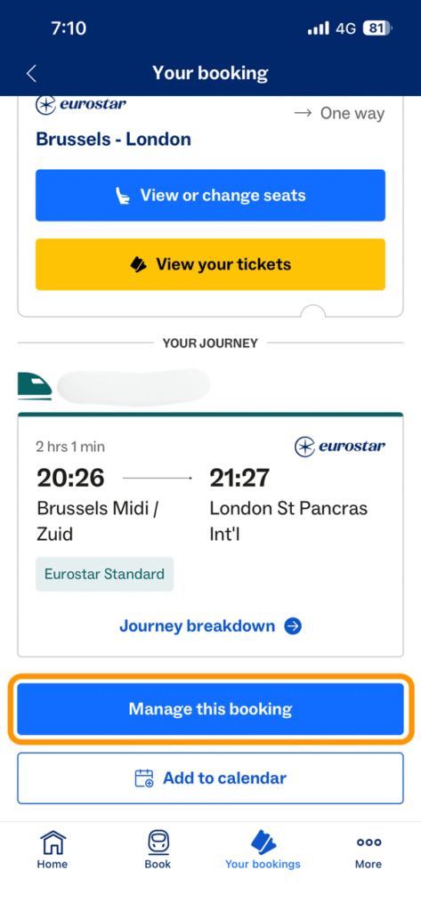 予約詳細画面の「Manage this booking」ボタン