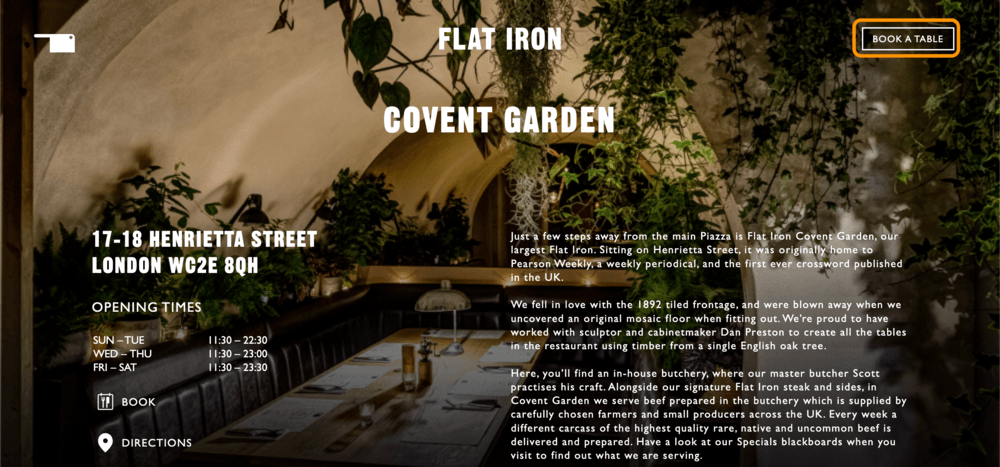 Flat Iron Covent Garden店の公式ページの右上にある「BOOK A TABLE」ボタン