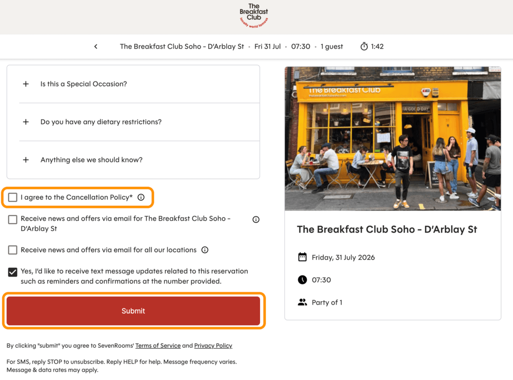 キャンセルポリシーのチェックボックスと「Submit」ボタン