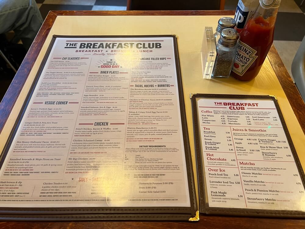 The Breakfast Club Sohoのメニュー表