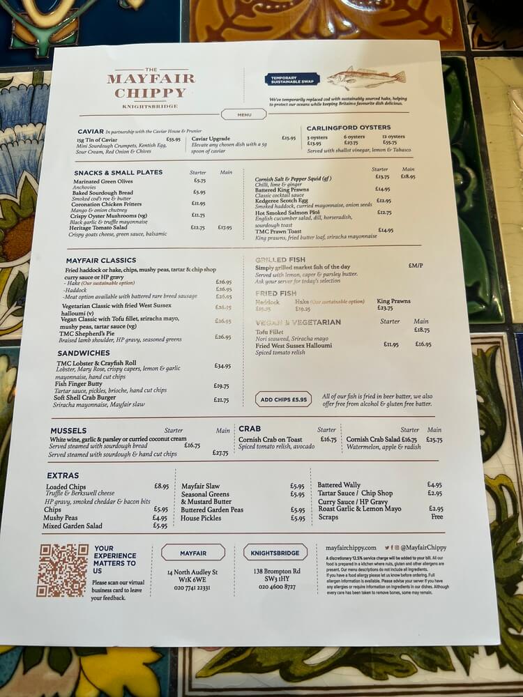 The Mayfair Chippyのメニュー表