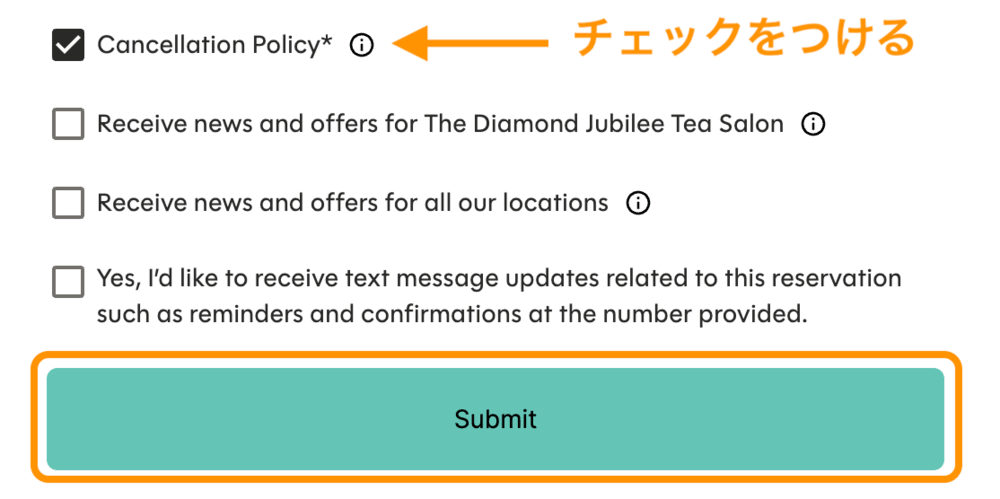 キャンセルポリシーのチェックボックスと「Submit」ボタン