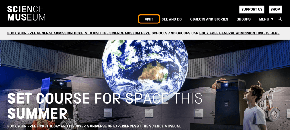 ロンドン科学博物館(Science Museum)の公式サイトの「Visit」ボタン