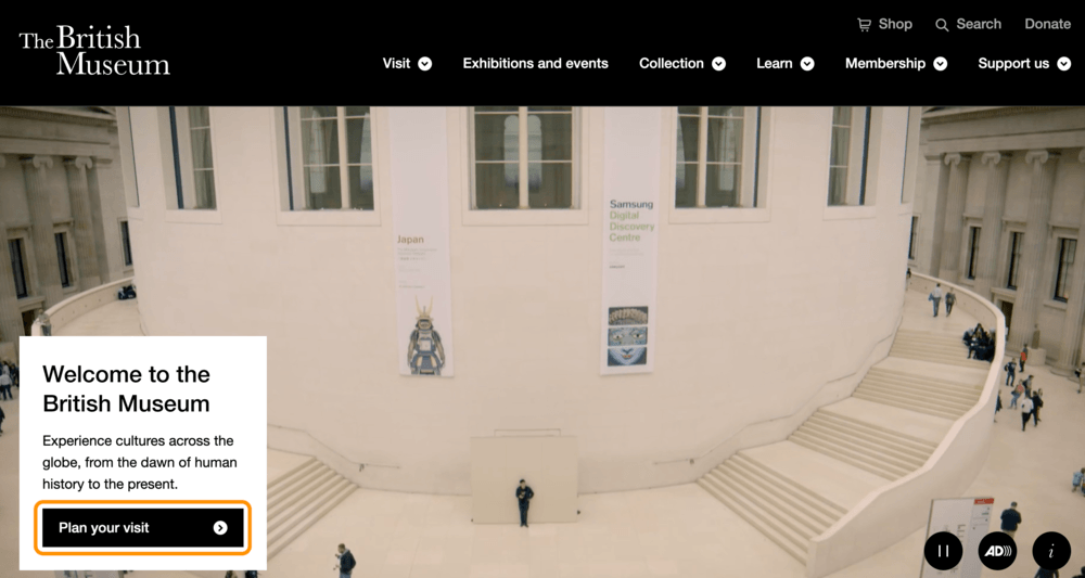 大英博物館公式サイトトップページ左下の「Plan your visit」ボタン