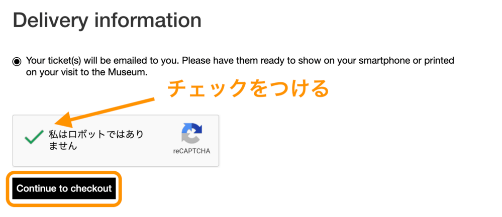 「私はロボットではありません」と「Continue to checkout」ボタン