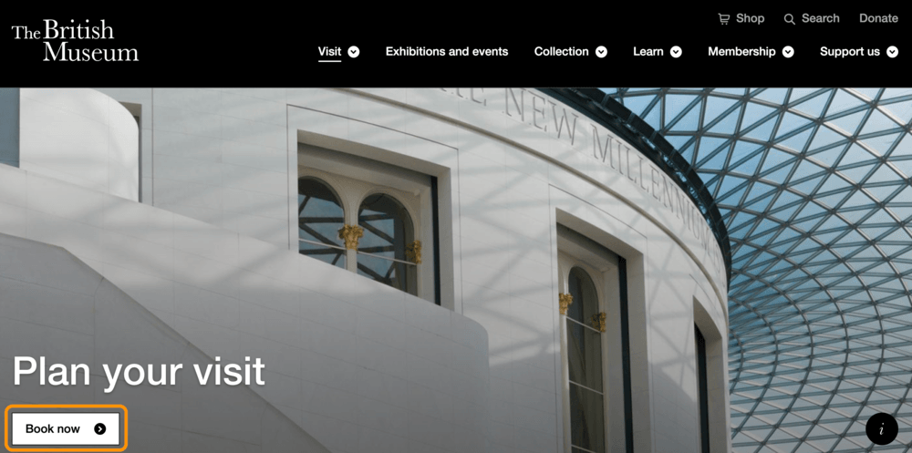 大英博物館公式サイトの「Book now」ボタン