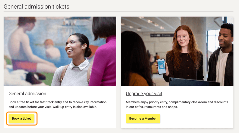 「General admission tickets」セクションに表示される「Book a ticket」ボタン